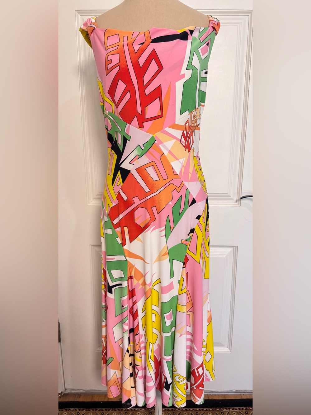 Vintage Sharon Max Colorful Midi Dress Womens M Fitted Stretch Straps 90s Summer